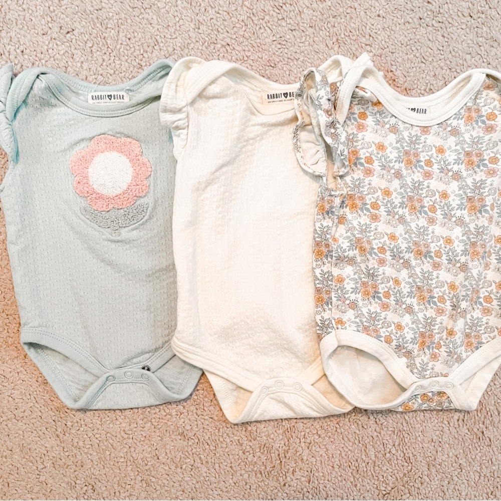 Rabbit + Bear Baby Girl 3pc Flutter Sleeve Onesies 3-6MO